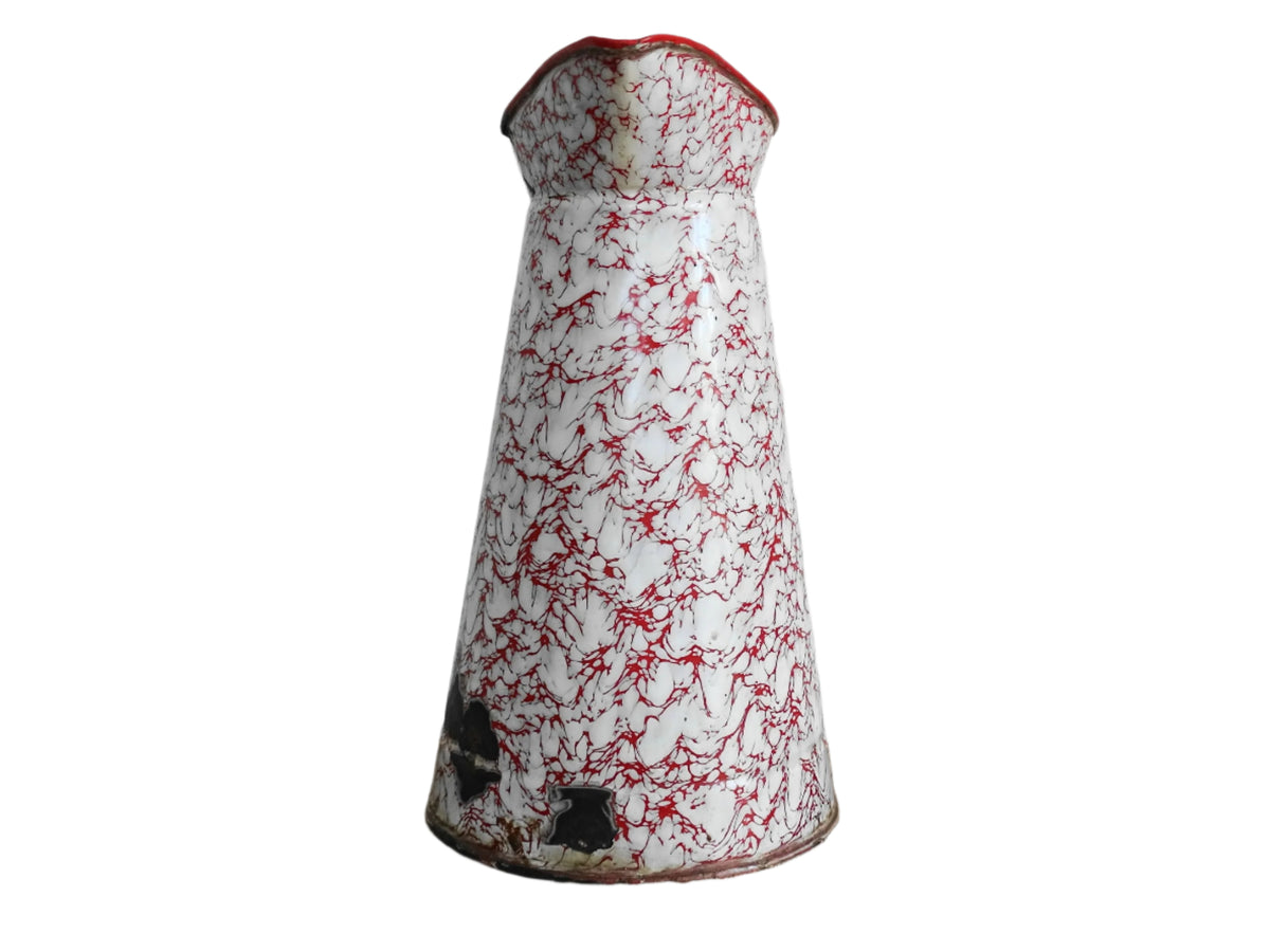 Large French vintage red and white enamelware pitcher with a large handle and spout. Tall enamel jug for farmhouse table