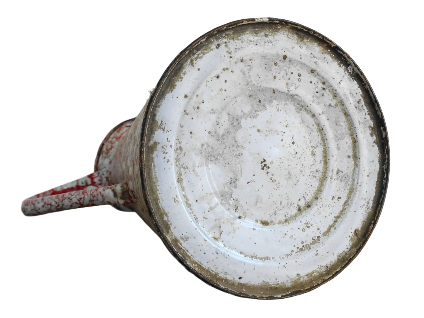 Large French vintage red and white enamelware pitcher with a large handle and spout. Tall enamel jug for farmhouse table