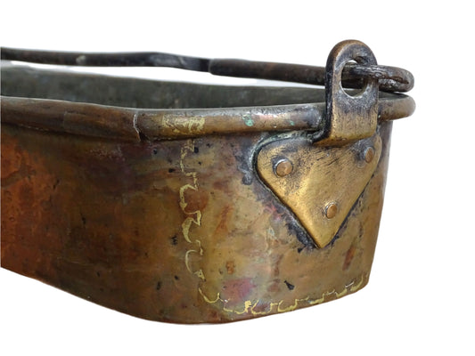 French antique copper fish poacher or poissoniere with hammered copper body and wrought iron handle