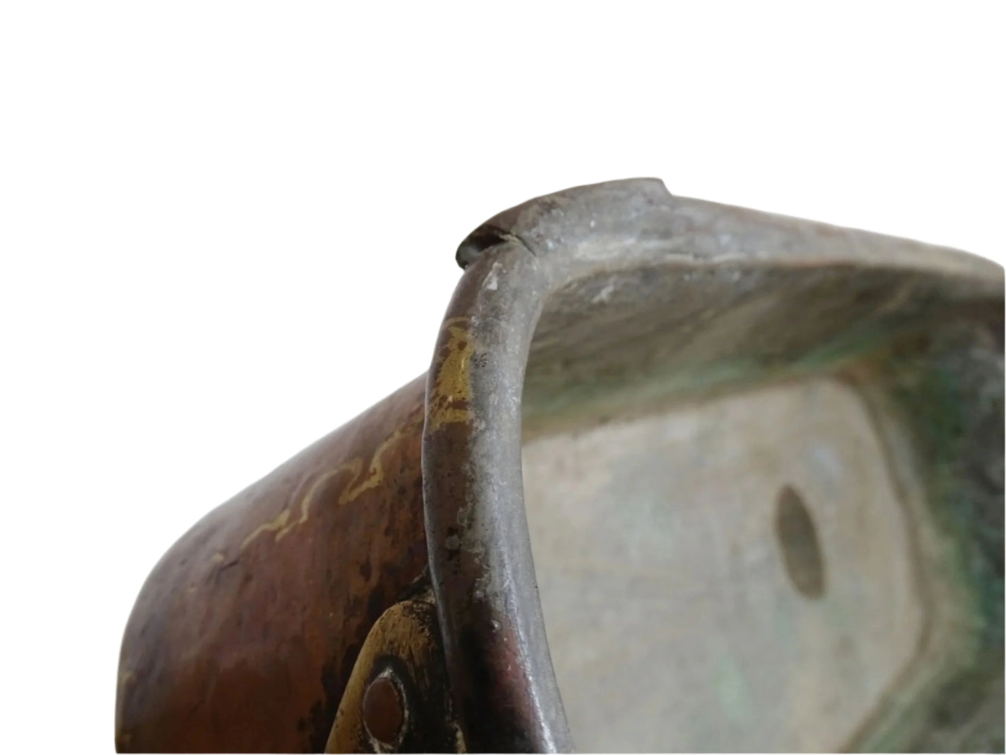 French antique copper fish poacher or poissoniere with hammered copper body and wrought iron handle