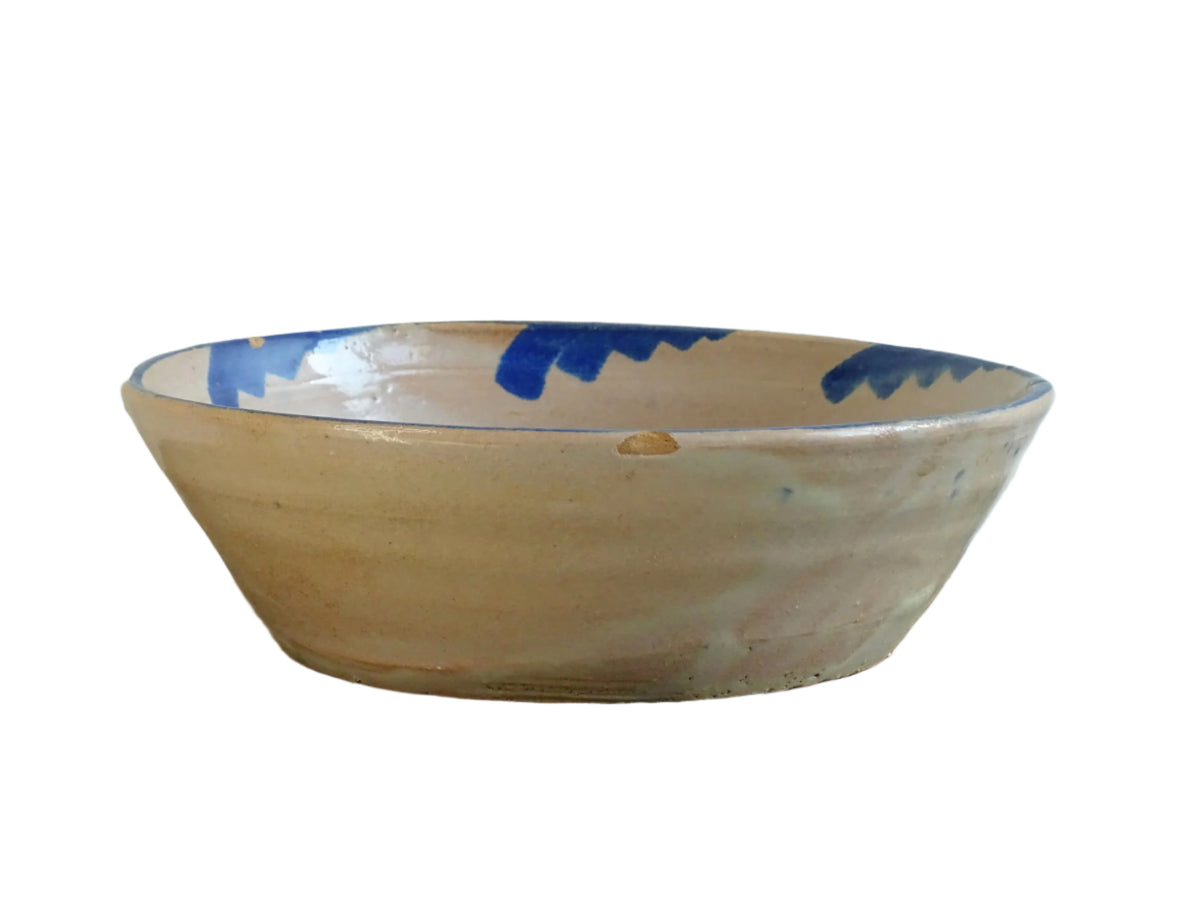 Spanish antique Fajalauza ceramic lebrillo from Granada. Terracotta ottery bowl with a pink tone and hand-painted blue star-shaped flower. Deep bowl for antique wall. Antique Mediterranean decor, decorative bowl.
