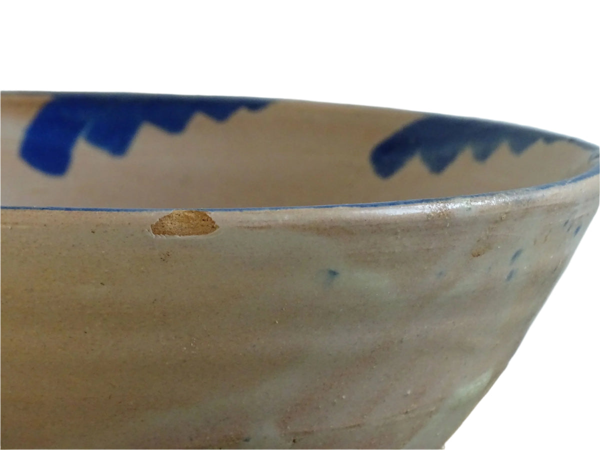 Spanish antique Fajalauza ceramic lebrillo from Granada. Terracotta ottery bowl with a pink tone and hand-painted blue star-shaped flower. Deep bowl for antique wall. Antique Mediterranean decor, decorative bowl.