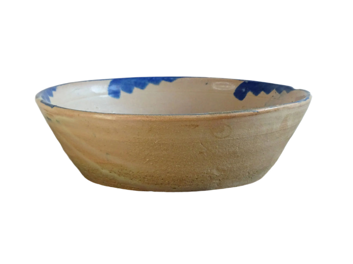 Spanish antique Fajalauza ceramic lebrillo from Granada. Terracotta ottery bowl with a pink tone and hand-painted blue star-shaped flower. Deep bowl for antique wall. Antique Mediterranean decor, decorative bowl.