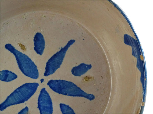 Spanish antique Fajalauza ceramic lebrillo from Granada. Terracotta ottery bowl with a pink tone and hand-painted blue star-shaped flower. Deep bowl for antique wall. Antique Mediterranean decor, decorative bowl.