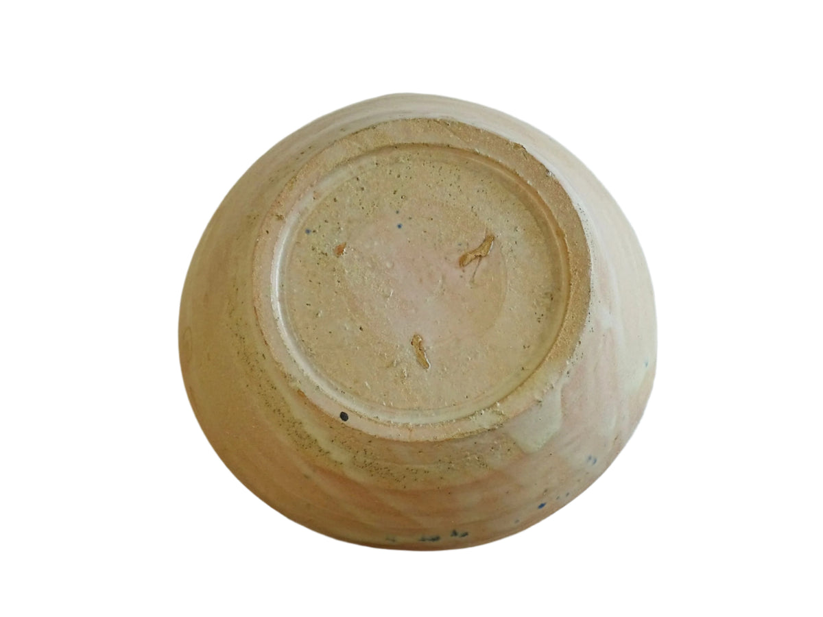 Spanish antique Fajalauza ceramic lebrillo from Granada. Terracotta ottery bowl with a pink tone and hand-painted blue star-shaped flower. Deep bowl for antique wall. Antique Mediterranean decor, decorative bowl.