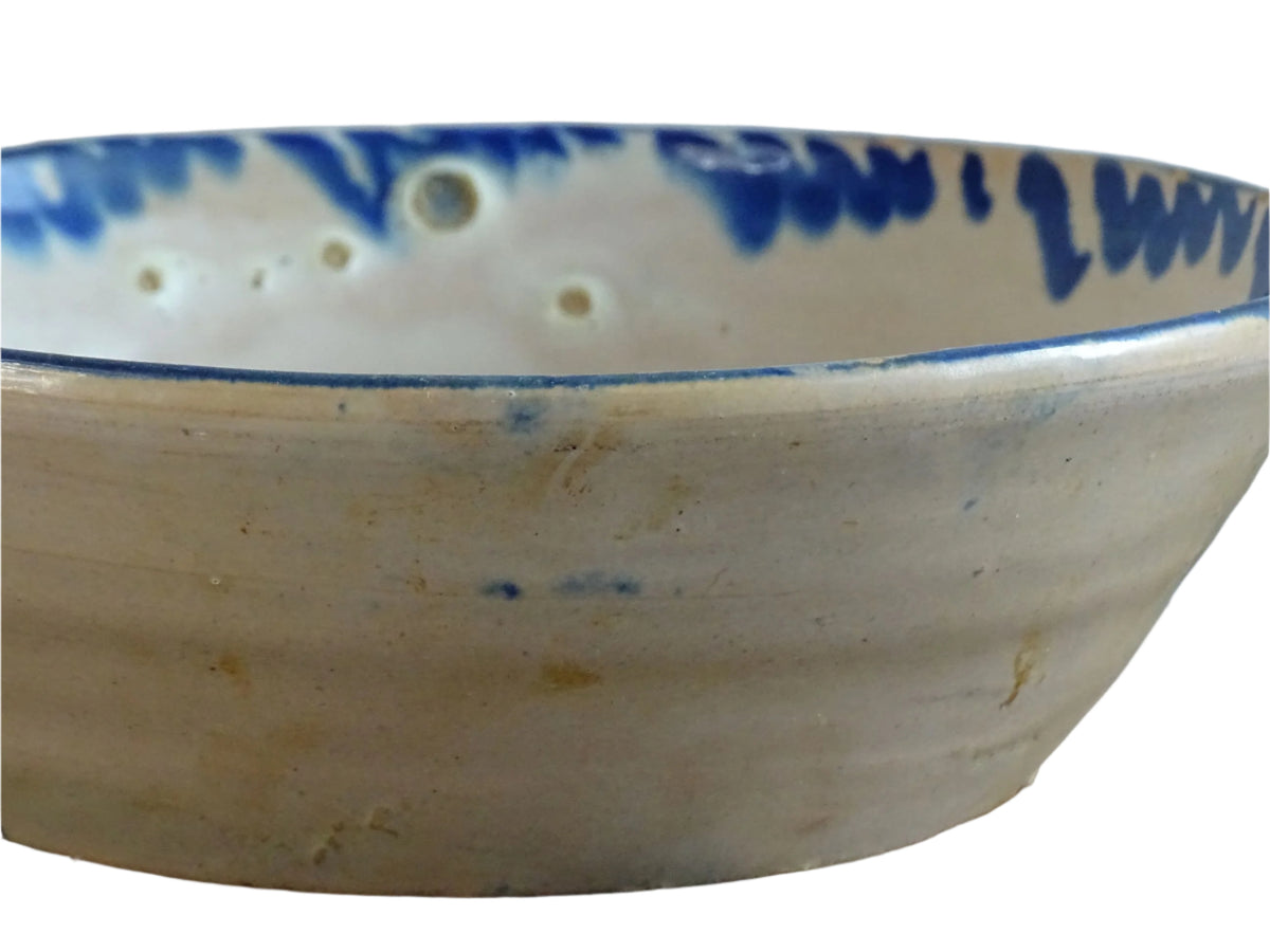 Spanish antique Fajalauza pottery lebrillo from Granada. Tin glazed terracotta bowl, hand-painted with blue leaves and flowers.