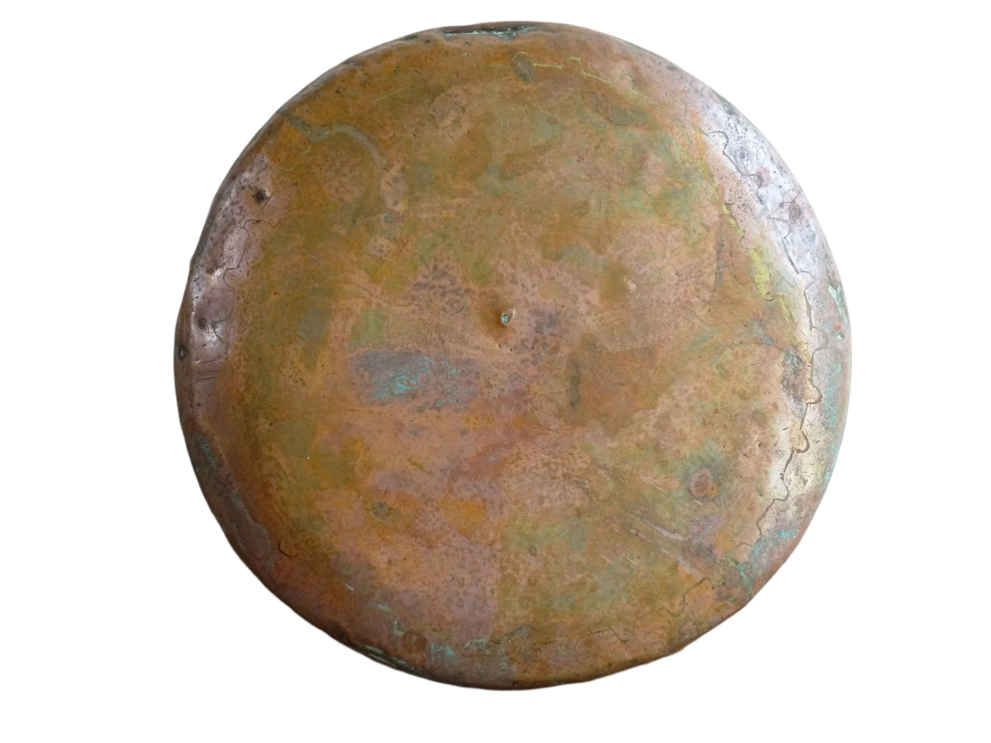 French antique copper cauldron with lid and patina. Old copper cauldron with wrought iron handle for rustic farmhouse decor.