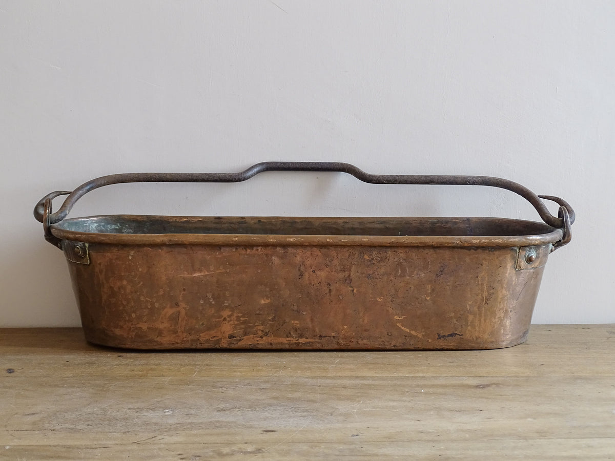 French Antique Copper Fish Poacher with wrought iron handle also known as a Poissonnière or Fish Kettle