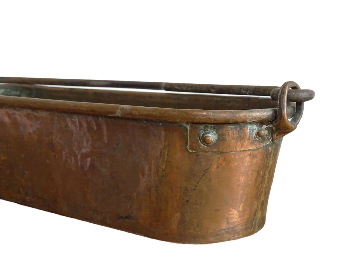 French Antique Copper Fish Poacher with wrought iron handle also known as a Poissonnière or Fish Kettle