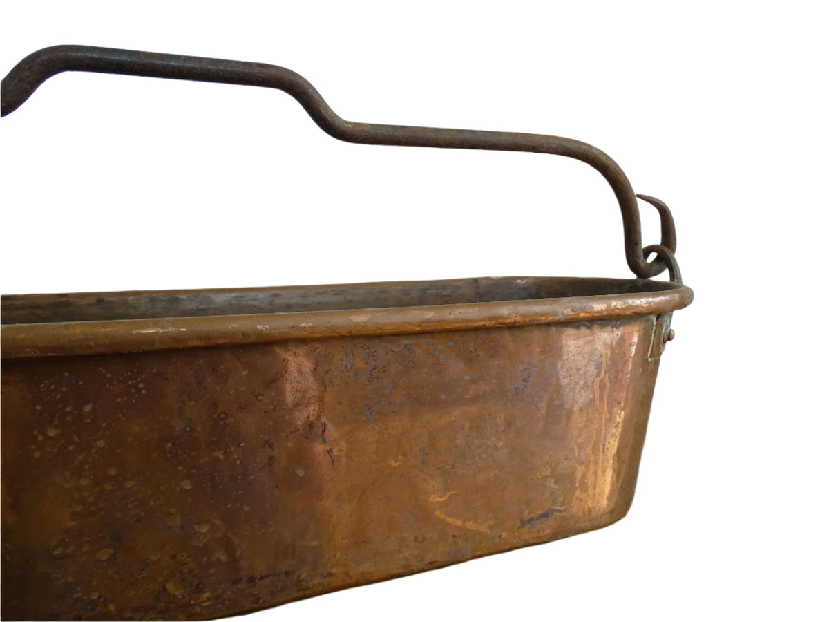 French Antique Copper Fish Poacher with wrought iron handle also known as a Poissonnière or Fish Kettle