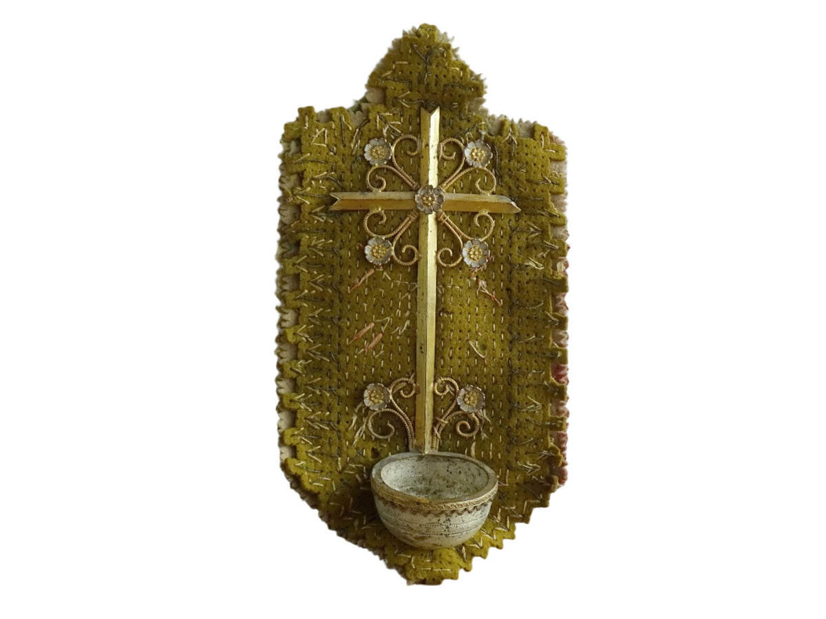 French antique cross with benitier on a stitched felt background, backed by silk. It has small gilt metal flowers adorning the cross and above the basin (benitier). Religious decor for the wall.