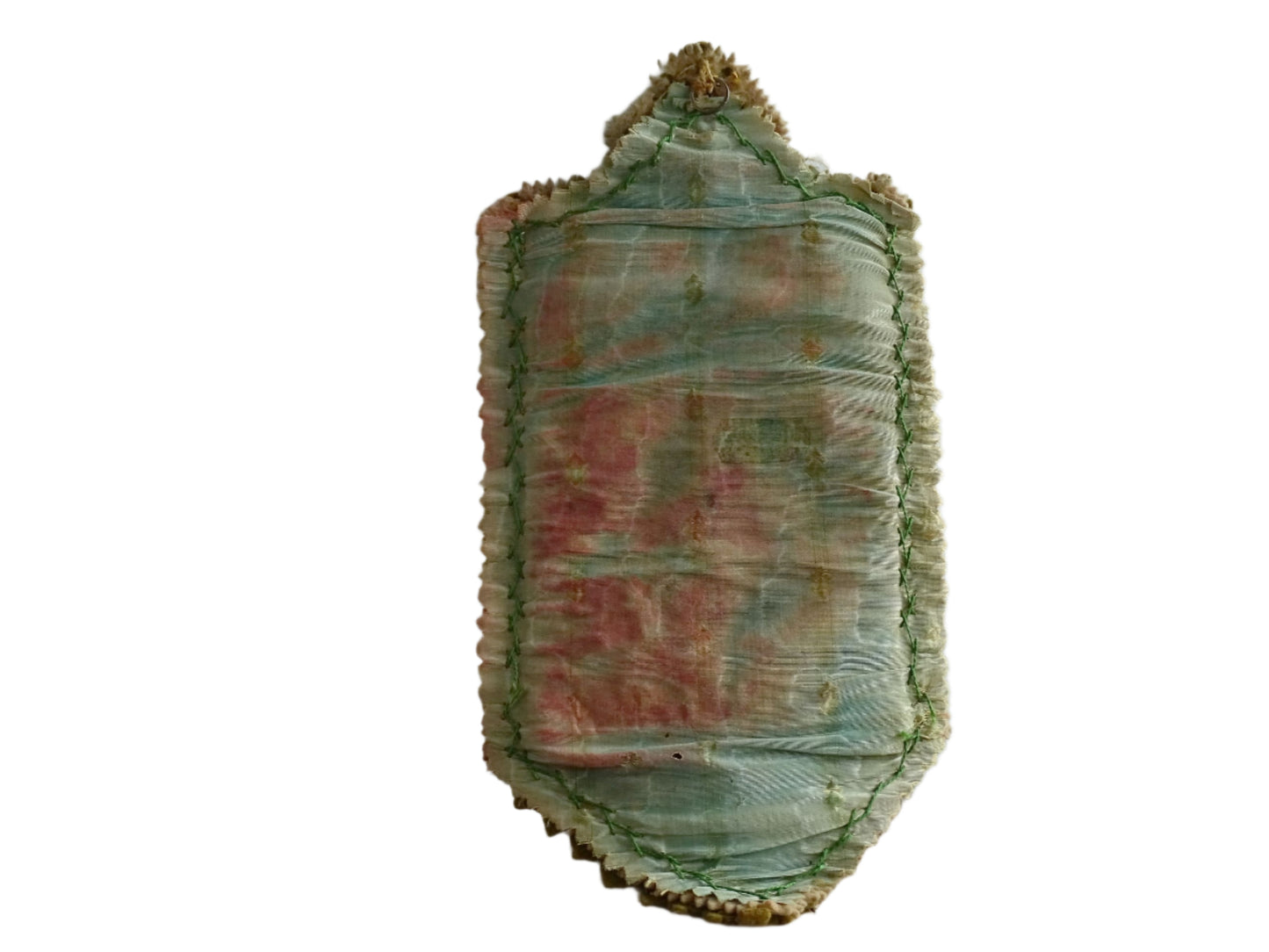 French antique cross with benitier on a stitched felt background, backed by silk. It has small gilt metal flowers adorning the cross and above the basin (benitier). Religious decor for the wall.