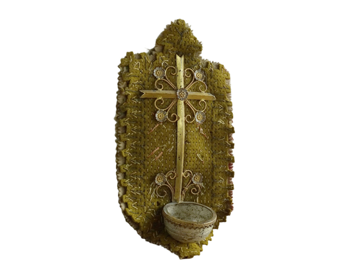 French antique cross with benitier on a stitched felt background, backed by silk. It has small gilt metal flowers adorning the cross and above the basin (benitier). Religious decor for the wall.