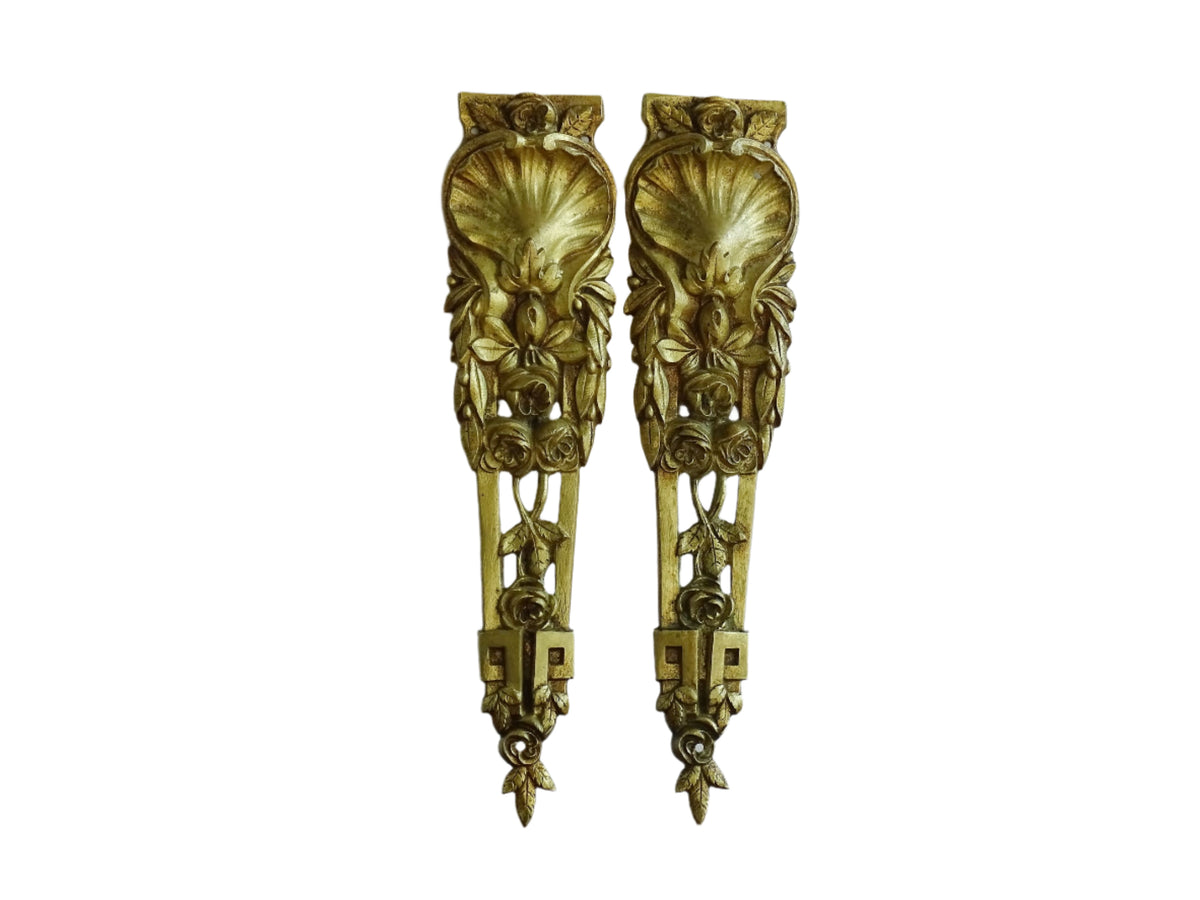 Pair of French antique furniture pediments in gilt bronze. Highly decorative antique ormolu embellishments.