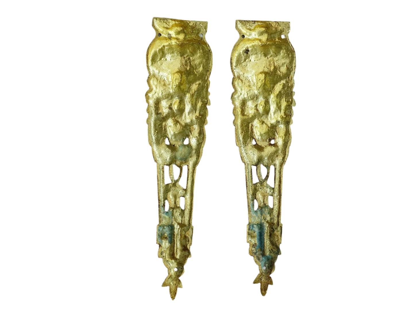 Pair of French antique furniture pediments in gilt bronze. Highly decorative antique ormolu embellishments.