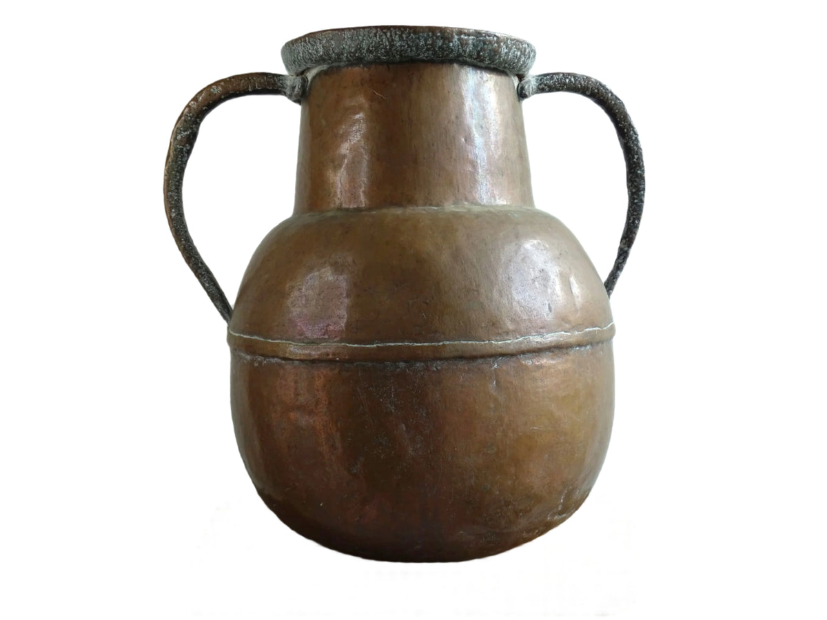 A large 18th-century antique copper water pot from Normandy with a rounded form and double handles, showcasing a warm aged patina.