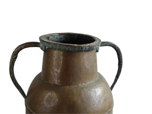 A large 18th-century antique copper water pot from Normandy with a rounded form and double handles, showcasing a warm aged patina