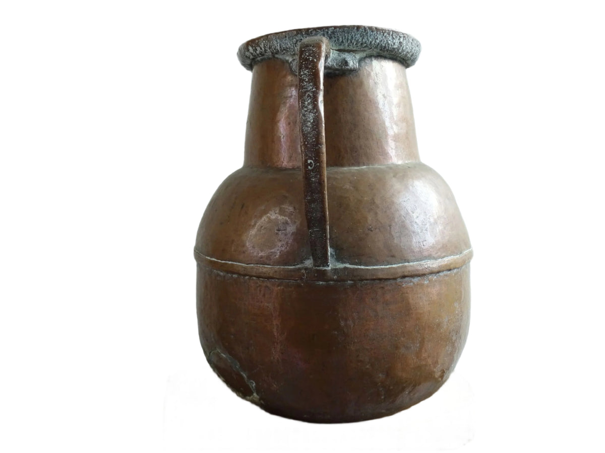 A large 18th-century antique copper water pot from Normandy with a rounded form and double handles, showcasing a warm aged patina
