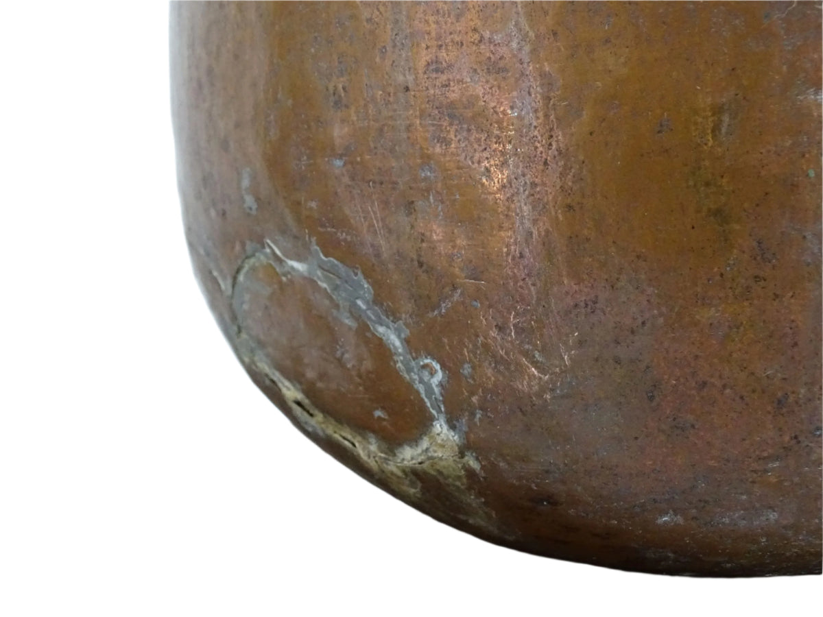 A large 18th-century antique copper water pot from Normandy with a rounded form and double handles, showcasing a warm aged patina