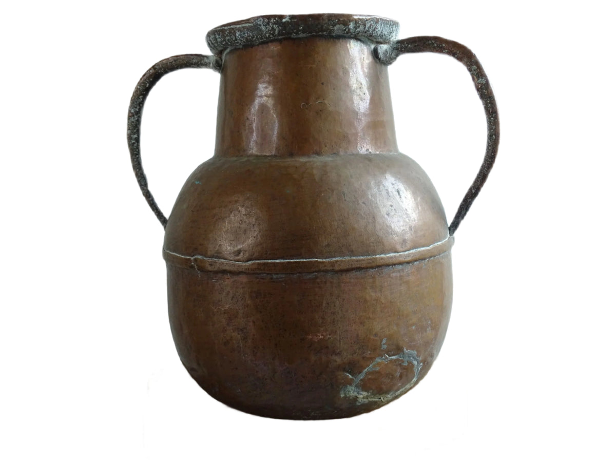 A large 18th-century antique copper water pot from Normandy with a rounded form and double handles, showcasing a warm aged patina