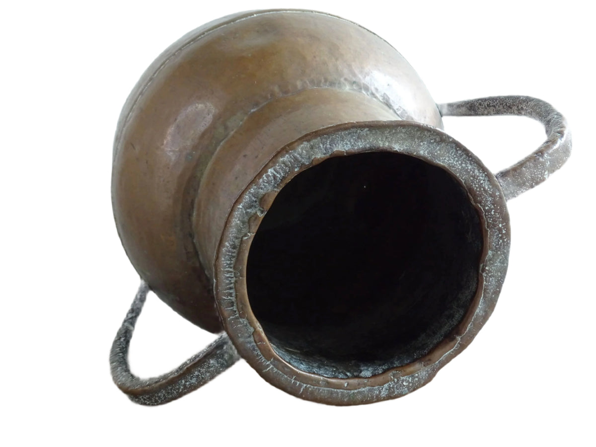 A large 18th-century antique copper water pot from Normandy with a rounded form and double handles, showcasing a warm aged patina