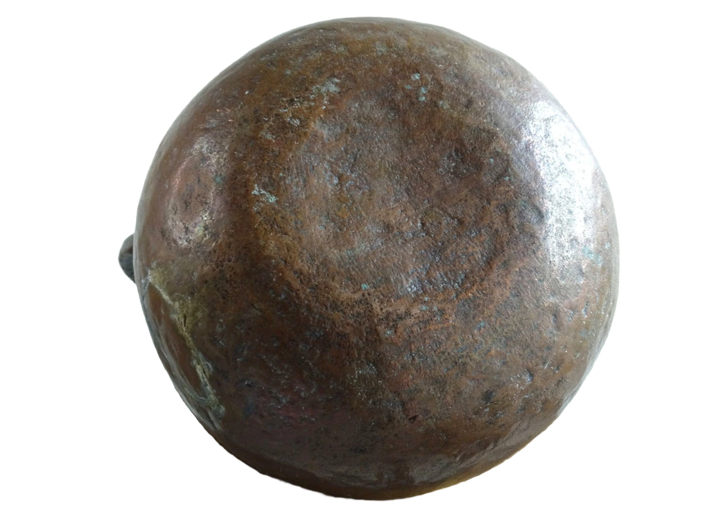 A large 18th-century antique copper water pot from Normandy with a rounded form and double handles, showcasing a warm aged patina