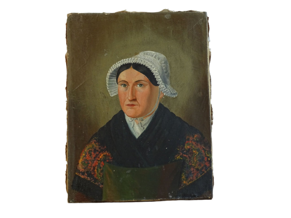 French Antique Portrait Painting of a Lady, Folk Art Portrait 19th c