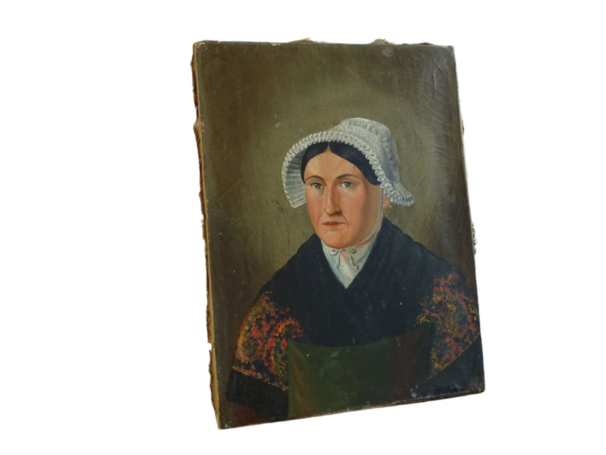 French Antique Portrait Painting of a Lady, Folk Art Portrait 19th c