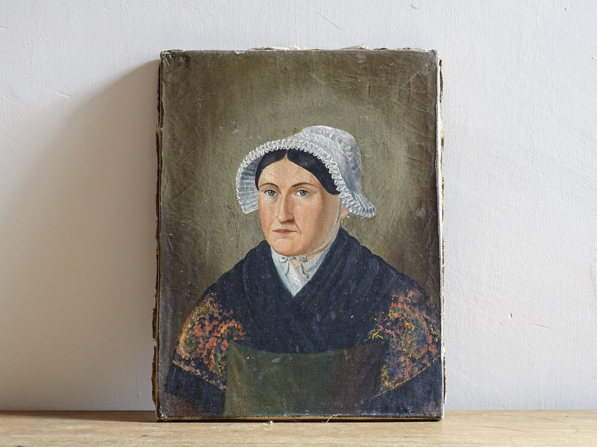French Antique Portrait Painting of a Lady, Folk Art Portrait 19th c