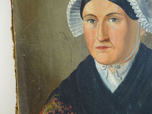 French Antique Portrait Painting of a Lady, Folk Art Portrait 19th c
