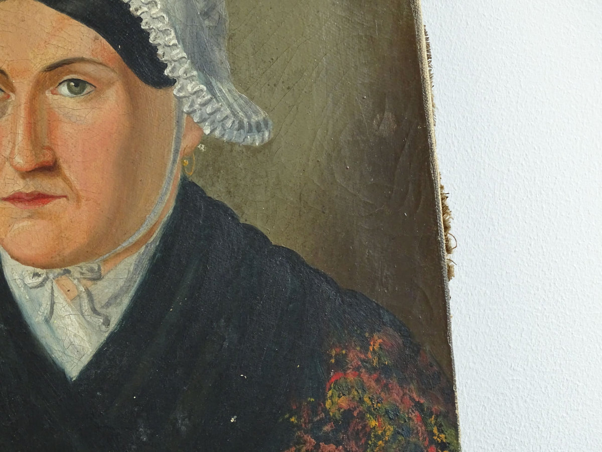 French Antique Portrait Painting of a Lady, Folk Art Portrait 19th c