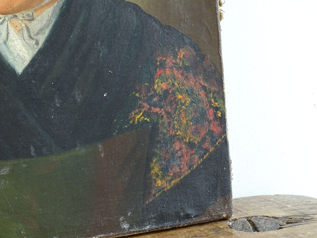 French Antique Portrait Painting of a Lady, Folk Art Portrait 19th c
