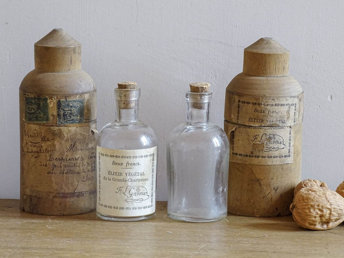 Two Antique French Glass Vials in Wooden Cases, Antique glass bottles, Elixir Végétal de la Grand-Chartreuse