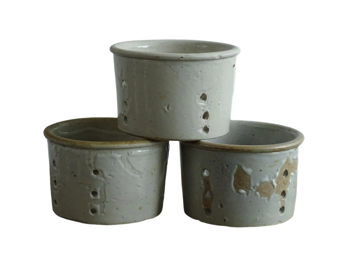 Trio of French antique pottery faisselles for making cheese, French antique kitchen decor