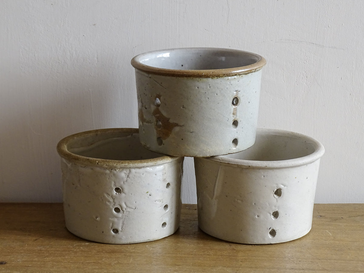Trio of French antique pottery faisselles for making cheese, French antique kitchen decor