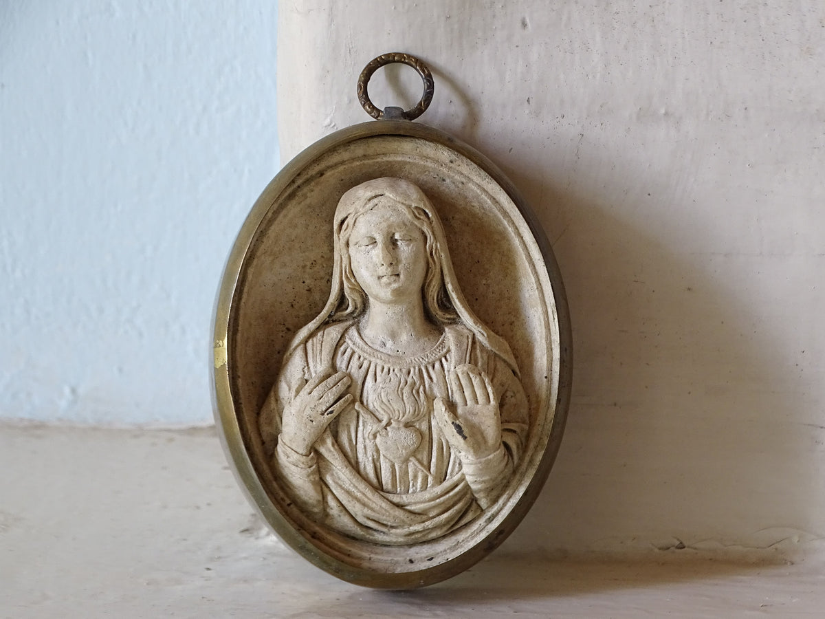 Antique Plaster Relief of the Sacred Heart of Mary Encased in a Brass Frame
