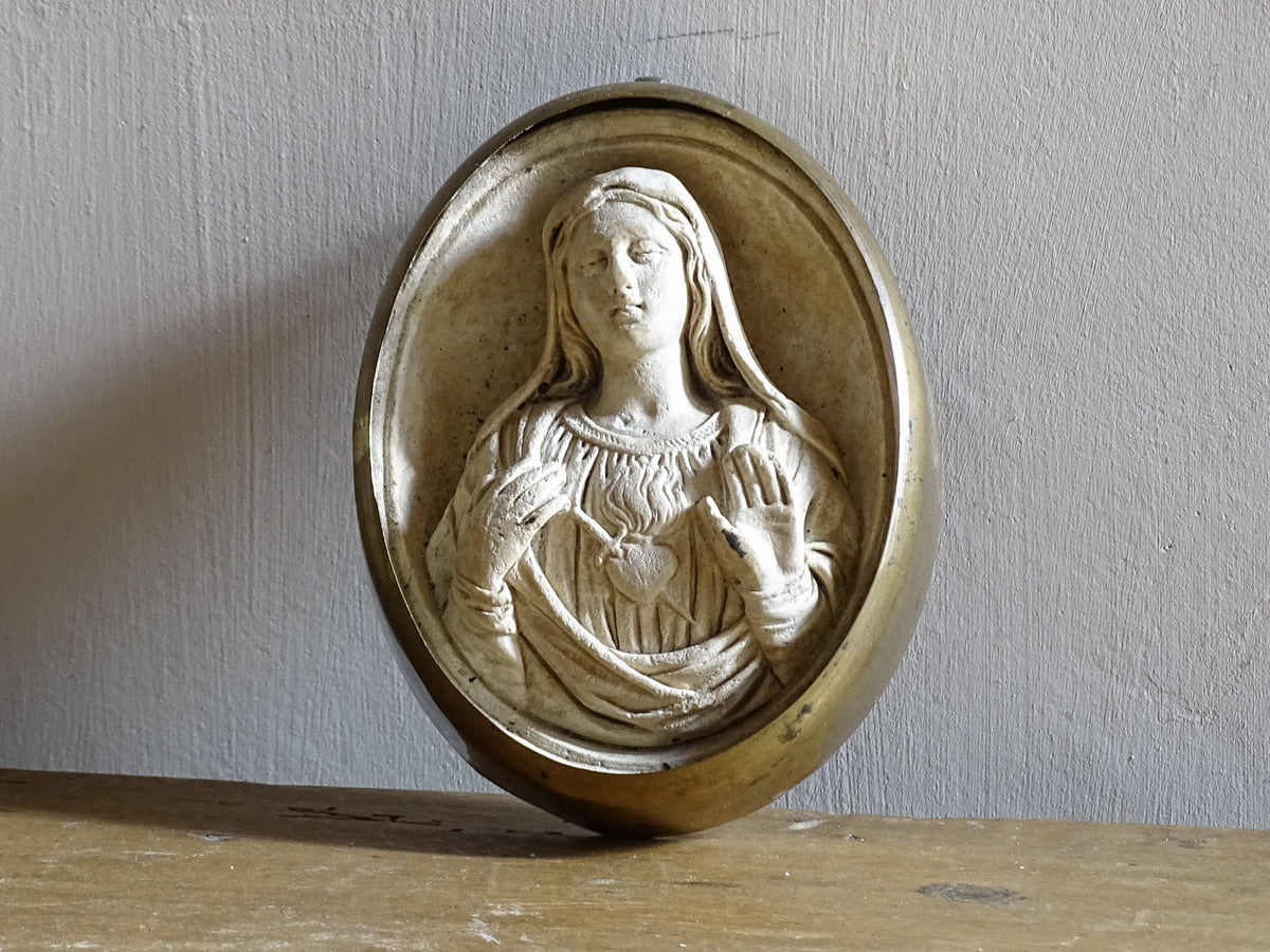 Antique Plaster Relief of the Sacred Heart of Mary Encased in a Brass Frame