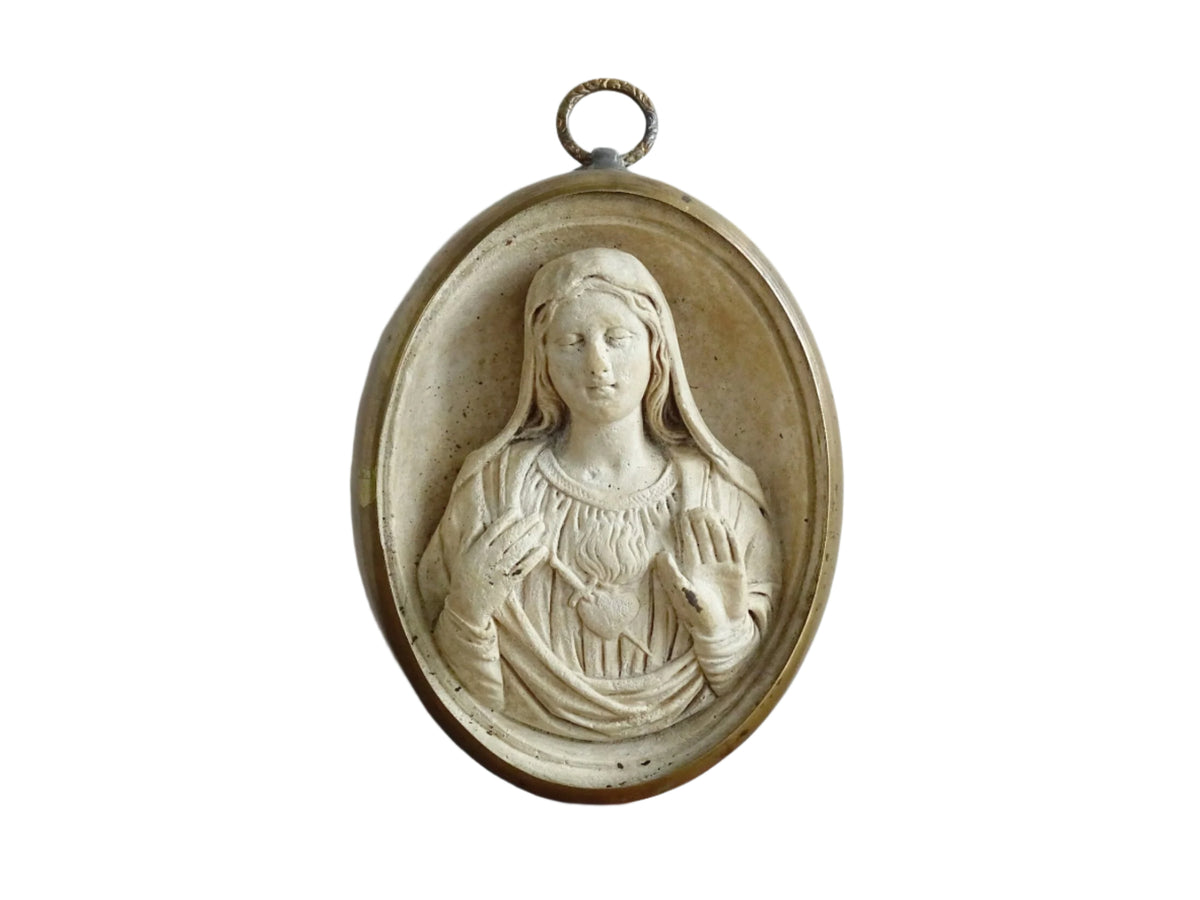 Antique Plaster Relief of the Sacred Heart of Mary Encased in a Brass Frame