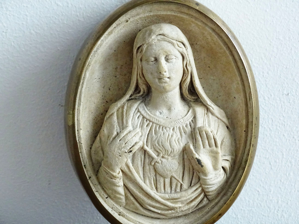 Antique Plaster Relief of the Sacred Heart of Mary Encased in a Brass Frame