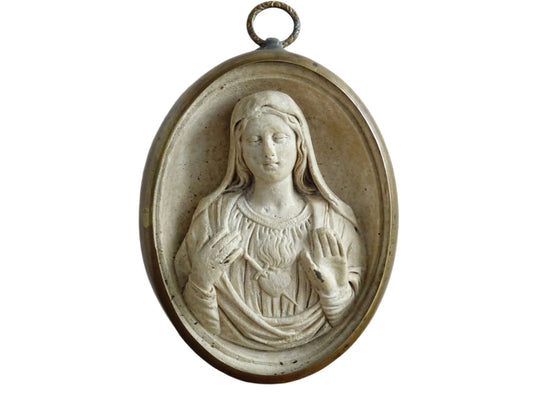 Antique Plaster Relief of the Sacred Heart of Mary Encased in a Brass Frame