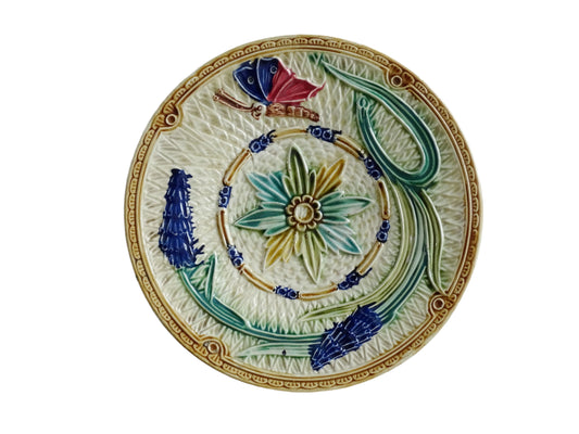 French antique barbotine majolica plate with floral and leaf motif