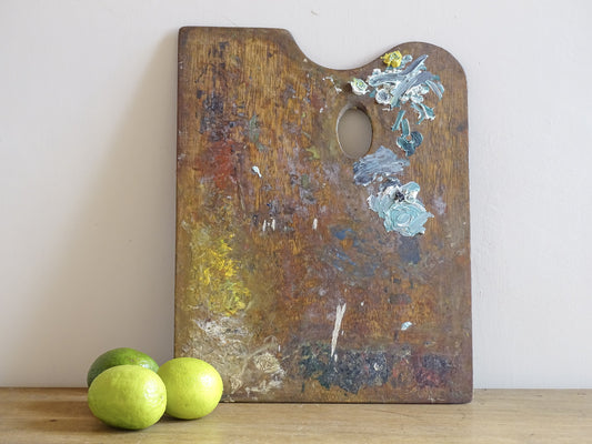 French vintage paint palette with paint, vintage art supplies