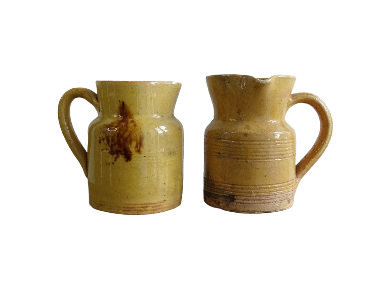 Two French Antique Pottery Jugs with Yellow Glaze from Dieulefit, Jaspe, Slipware Pitchers