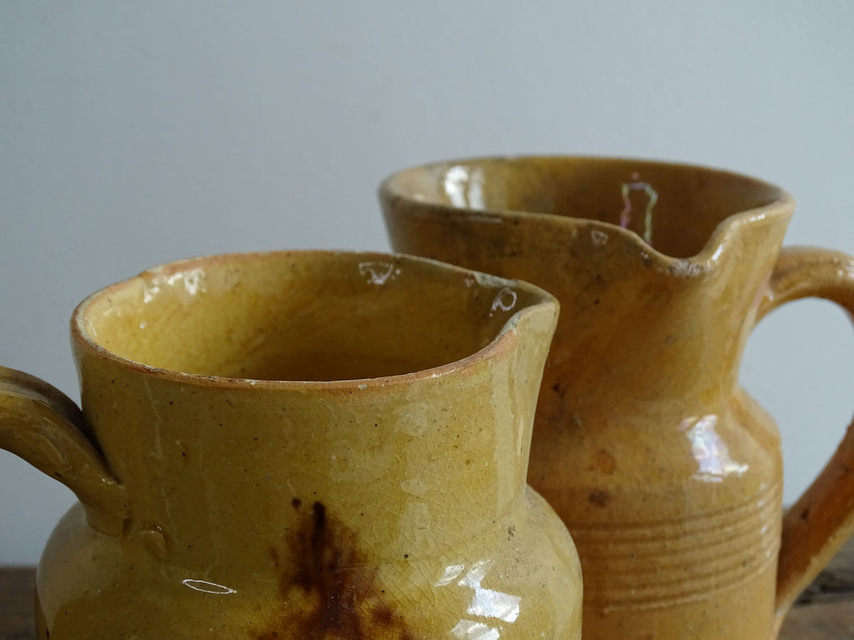 Two French Antique Pottery Jugs with Yellow Glaze from Dieulefit, Jaspe, Slipware Pitchers