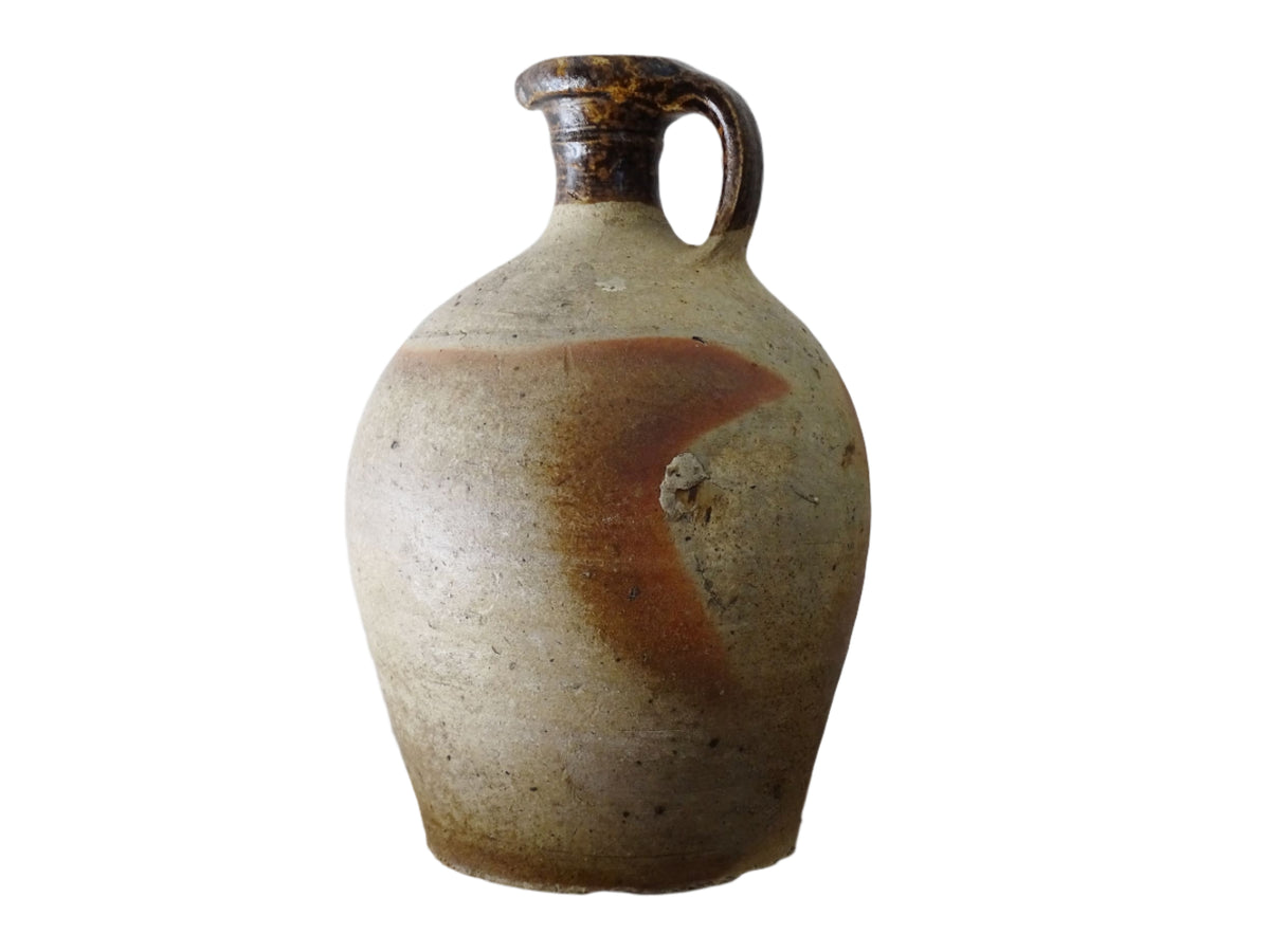 French antique pottery oil pitcher with brown glaze, rustic pottery jug