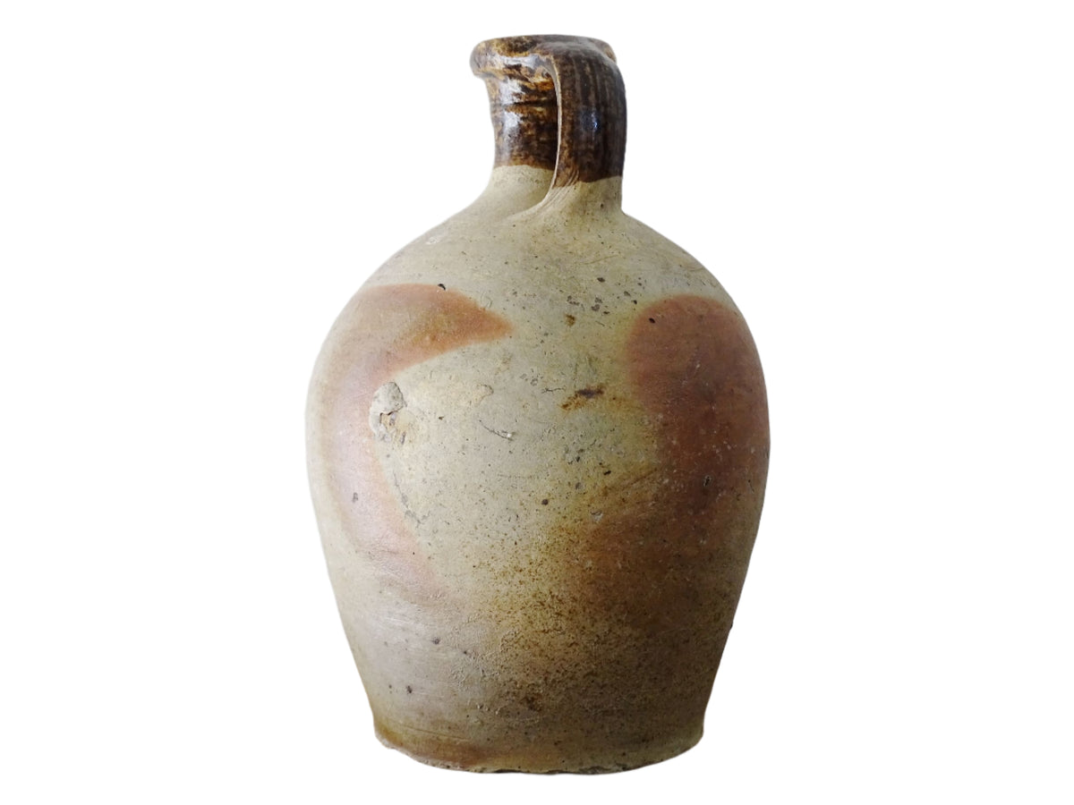 French antique pottery oil pitcher with brown glaze, rustic pottery jug