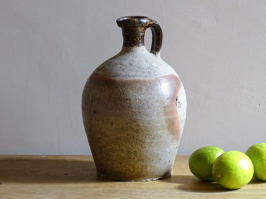 French antique pottery oil pitcher with brown glaze, rustic pottery jug