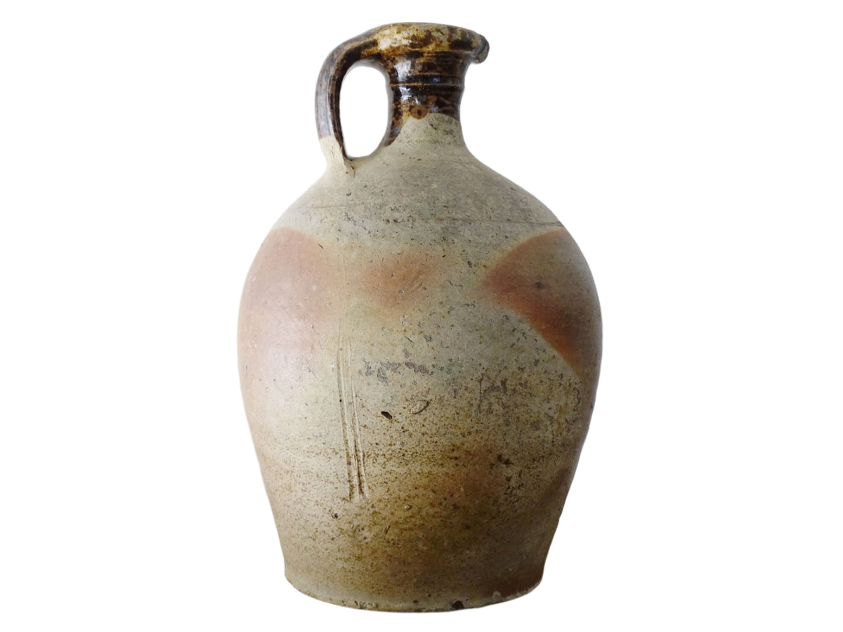 French antique pottery oil pitcher with brown glaze, rustic pottery jug
