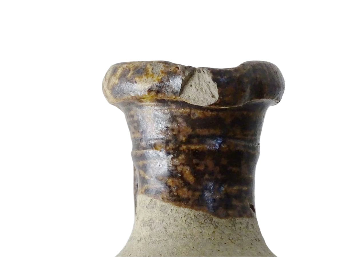 French antique pottery oil pitcher with brown glaze, rustic pottery jug