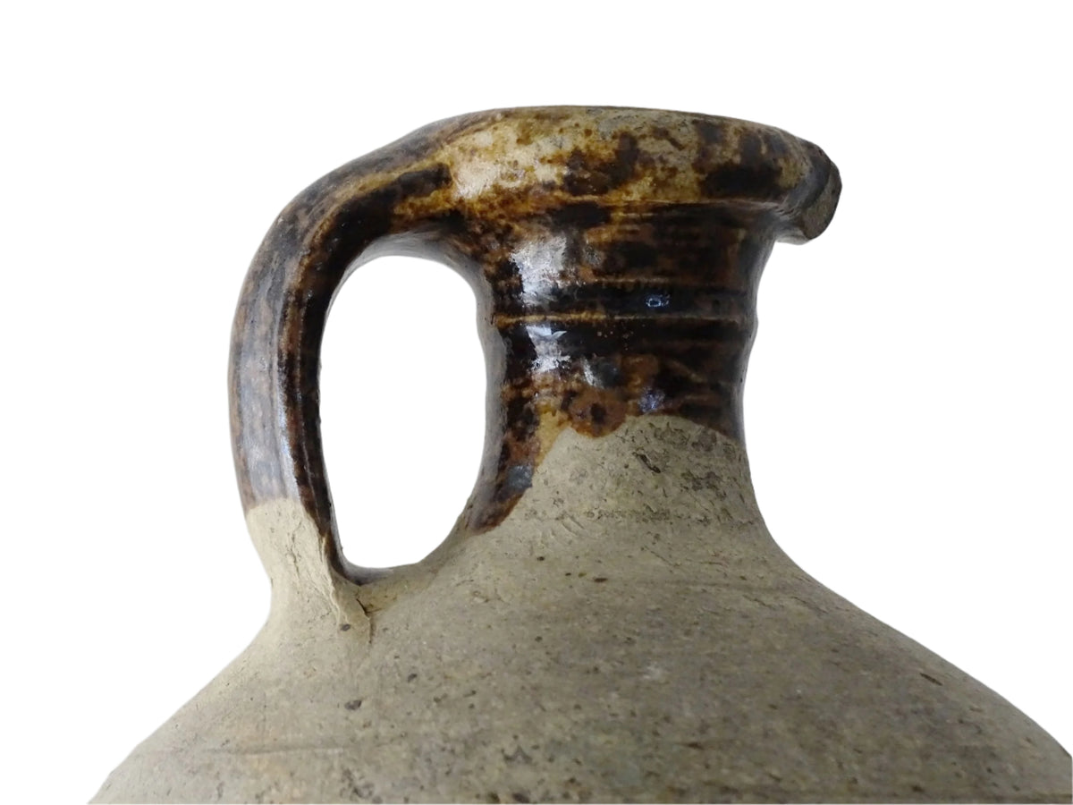 French antique pottery oil pitcher with brown glaze, rustic pottery jug